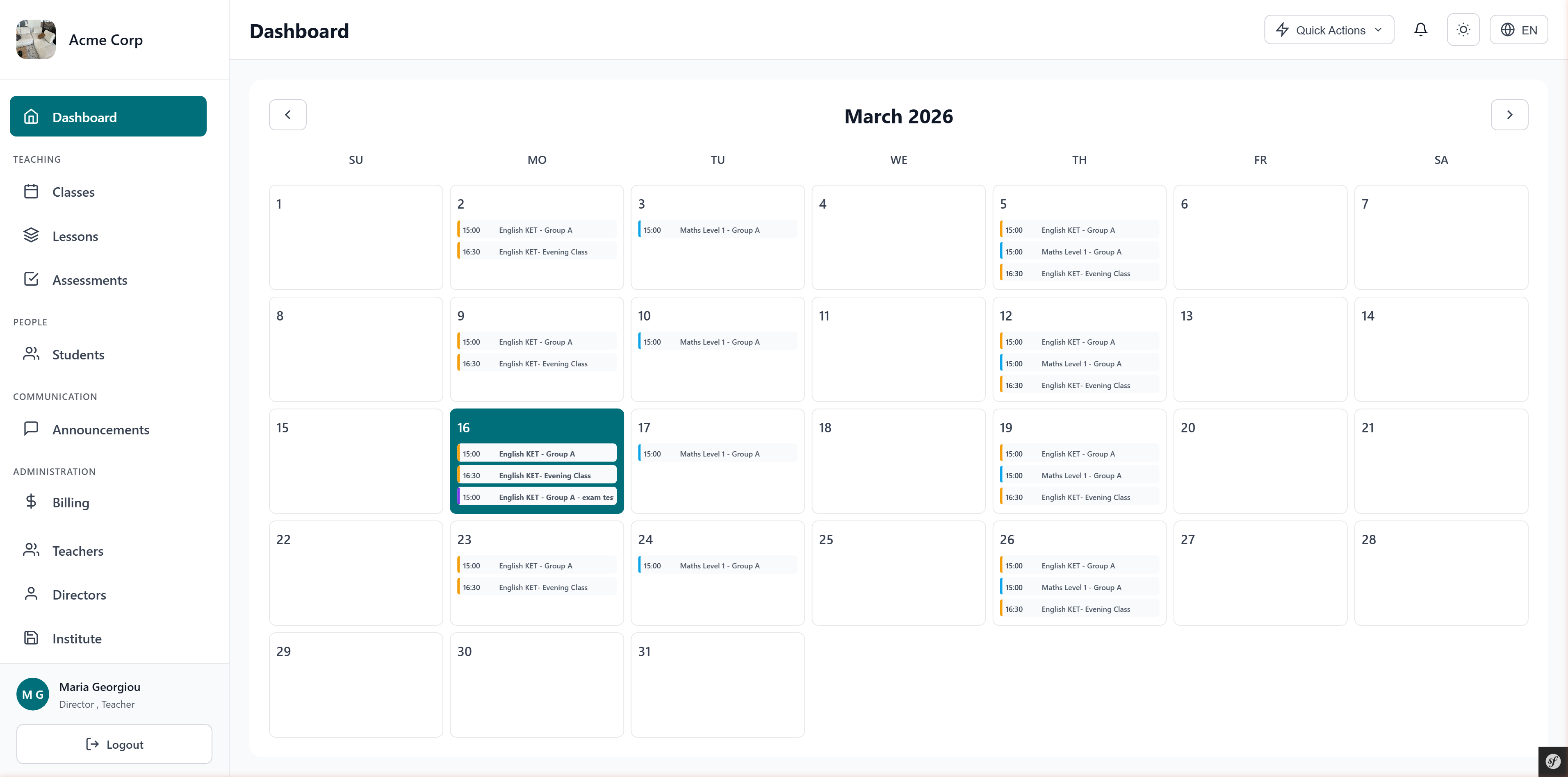 📅 Visual scheduling — see every class at a glance across the month