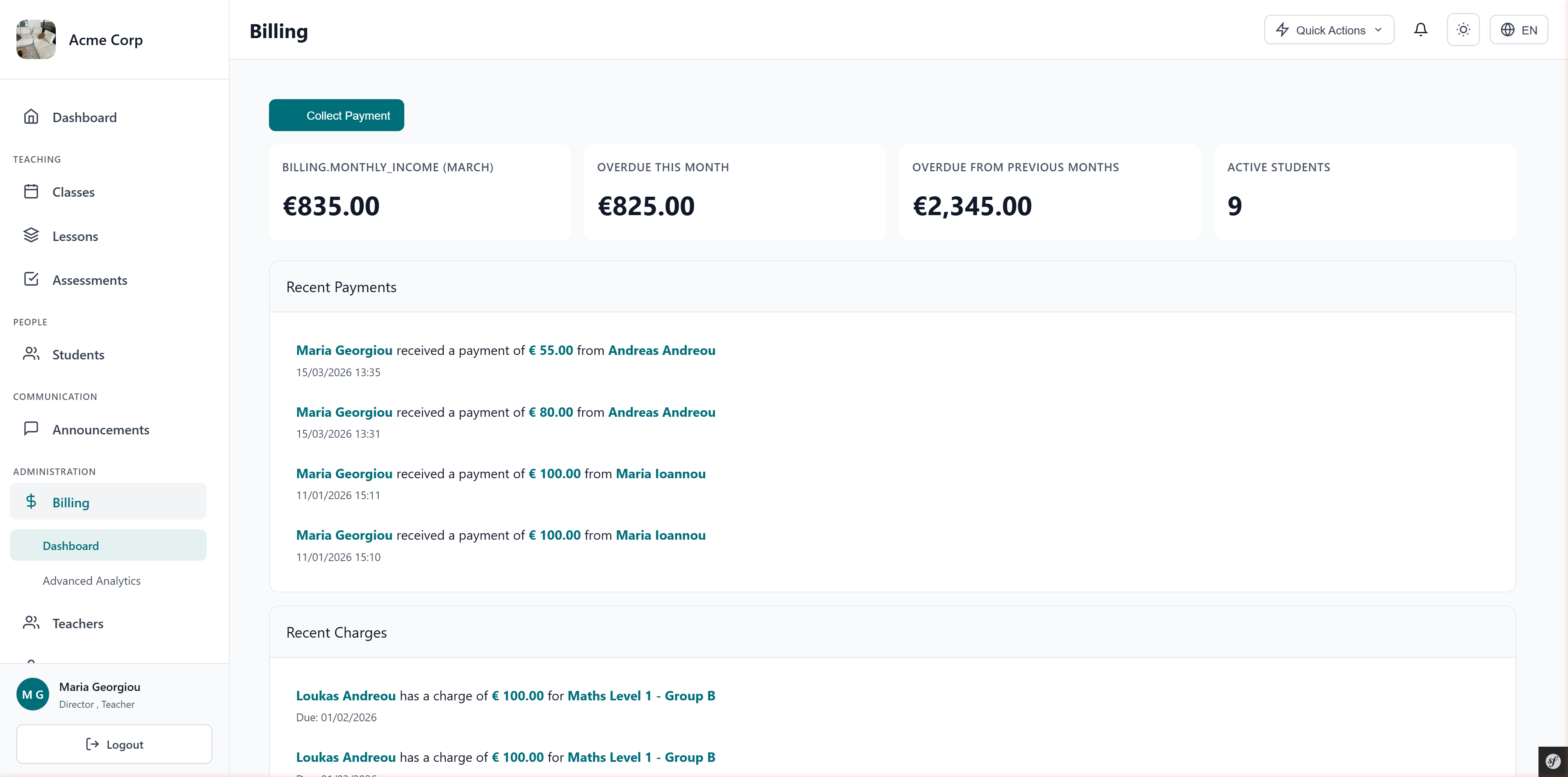 💶 Billing dashboard — monthly income, overdue amounts and recent payments