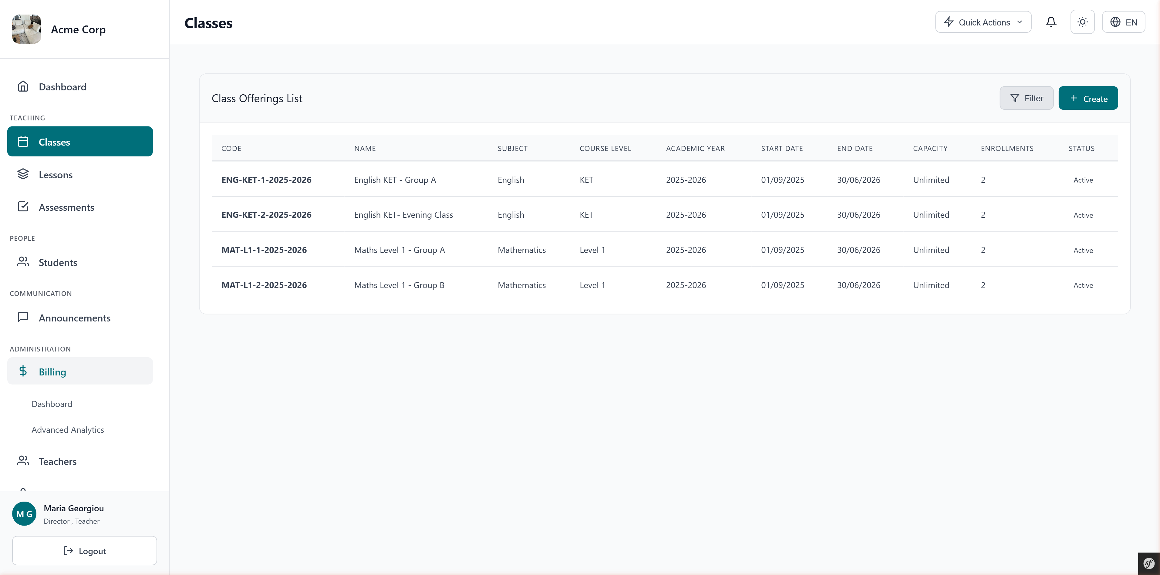 📚 Class offerings — manage all your language classes, levels and dates