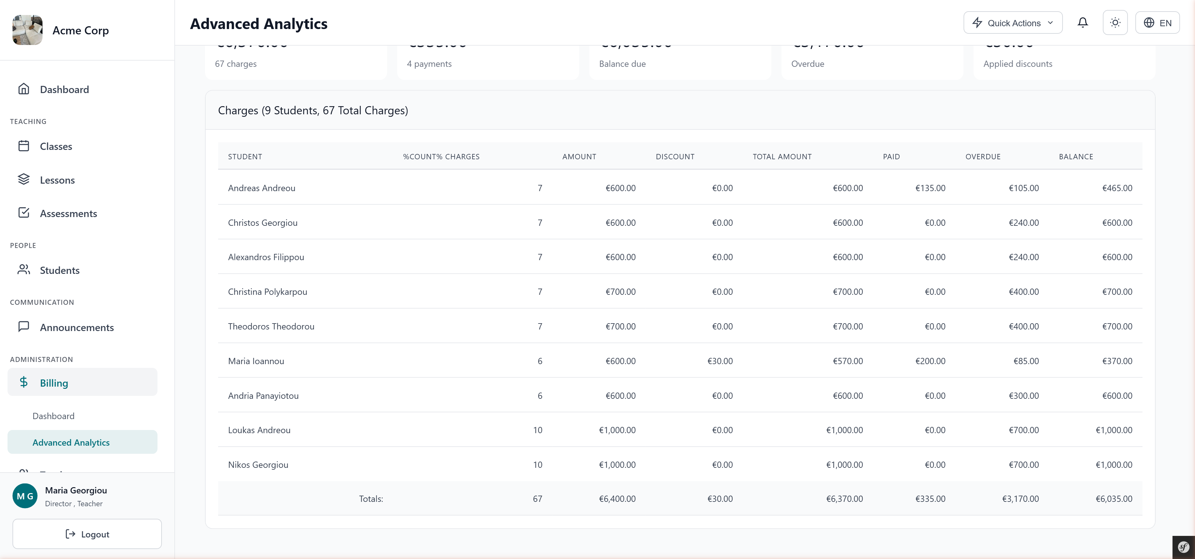 📊 Advanced analytics — per-student charges, payments and balances