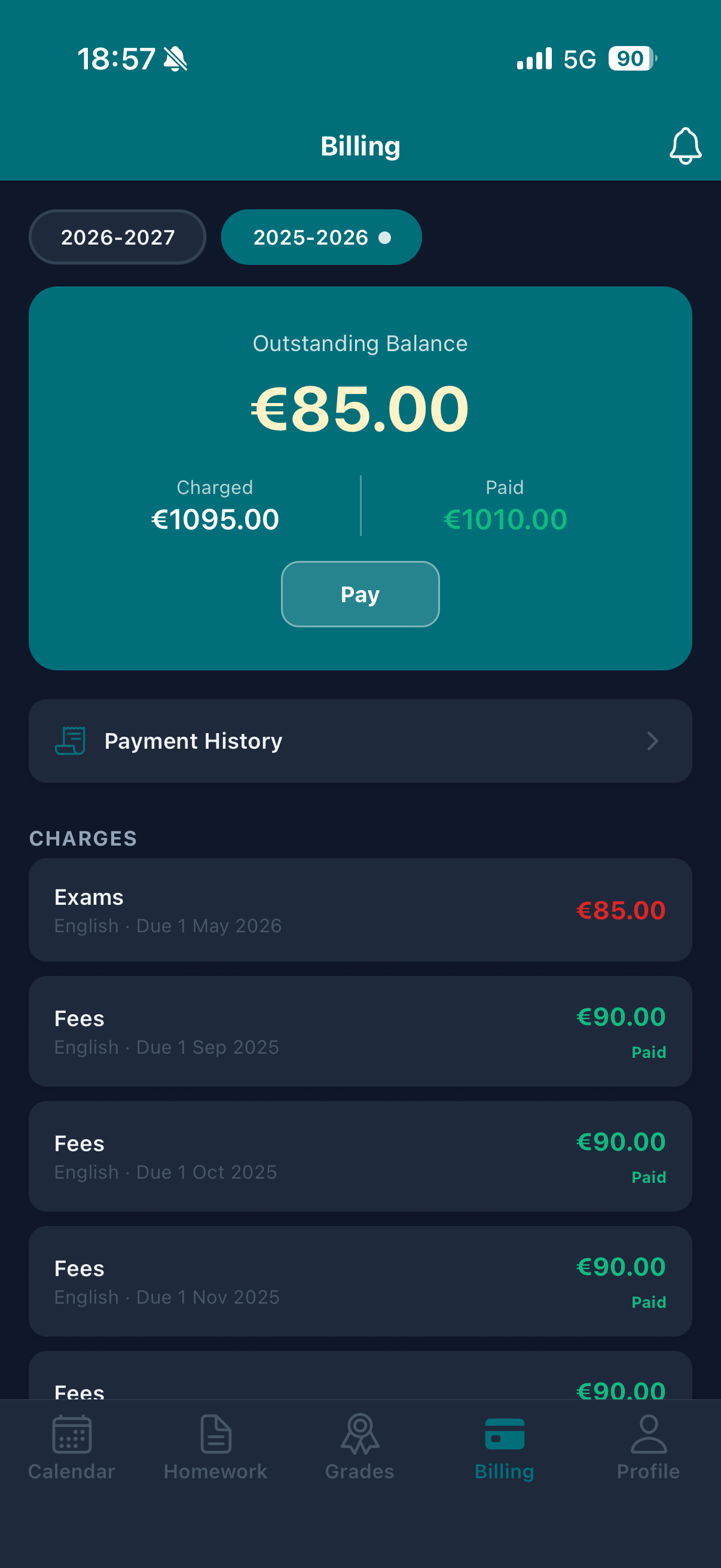 Class Buddy billing screen showing outstanding balance and Pay button