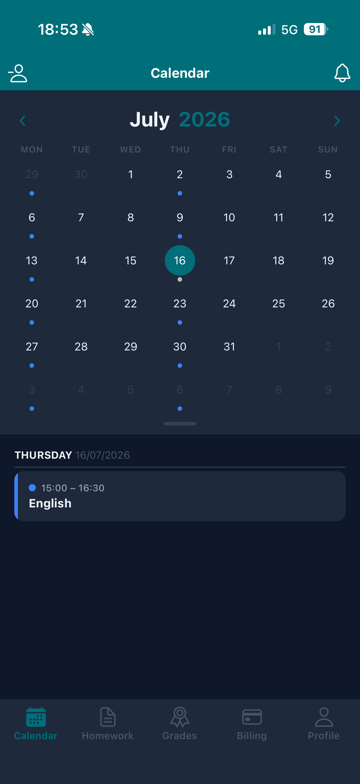 Class Buddy mobile app — calendar and schedule view
