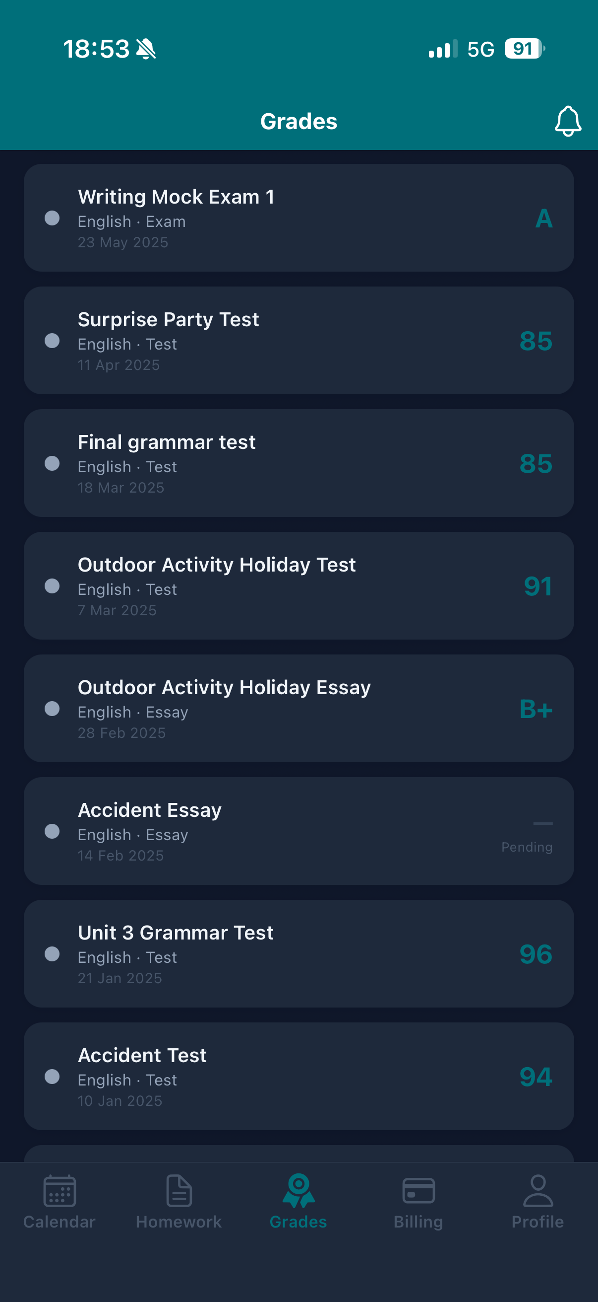 Class Buddy mobile app — grades overview