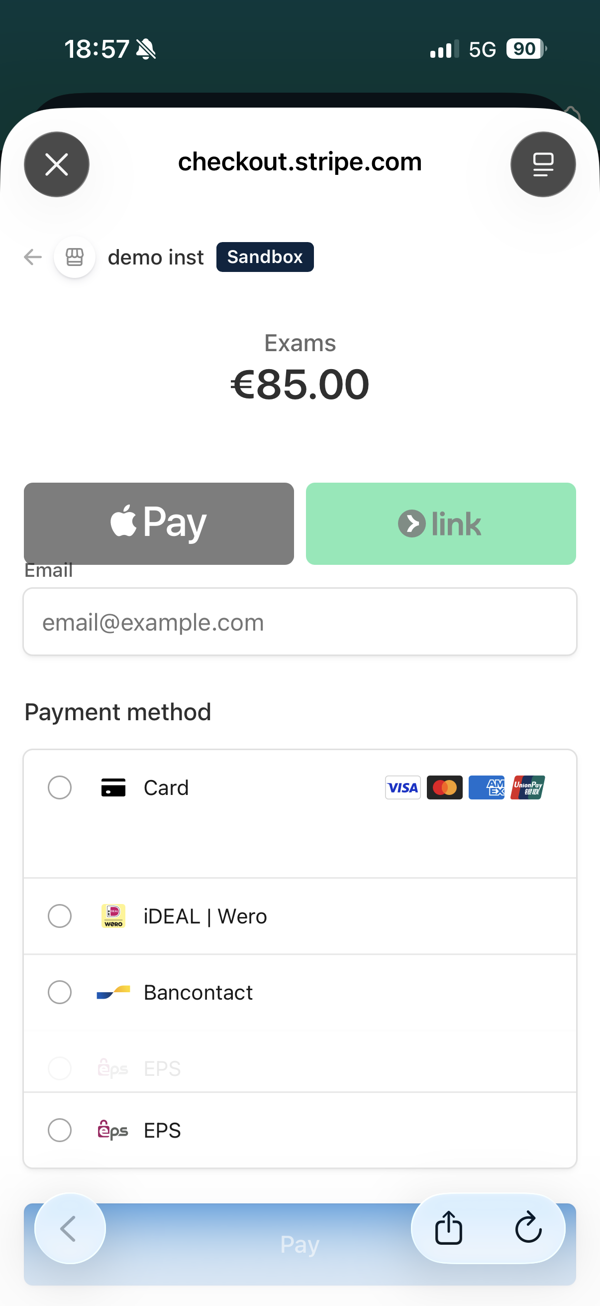 Stripe checkout — students pay by card, Apple Pay or Link